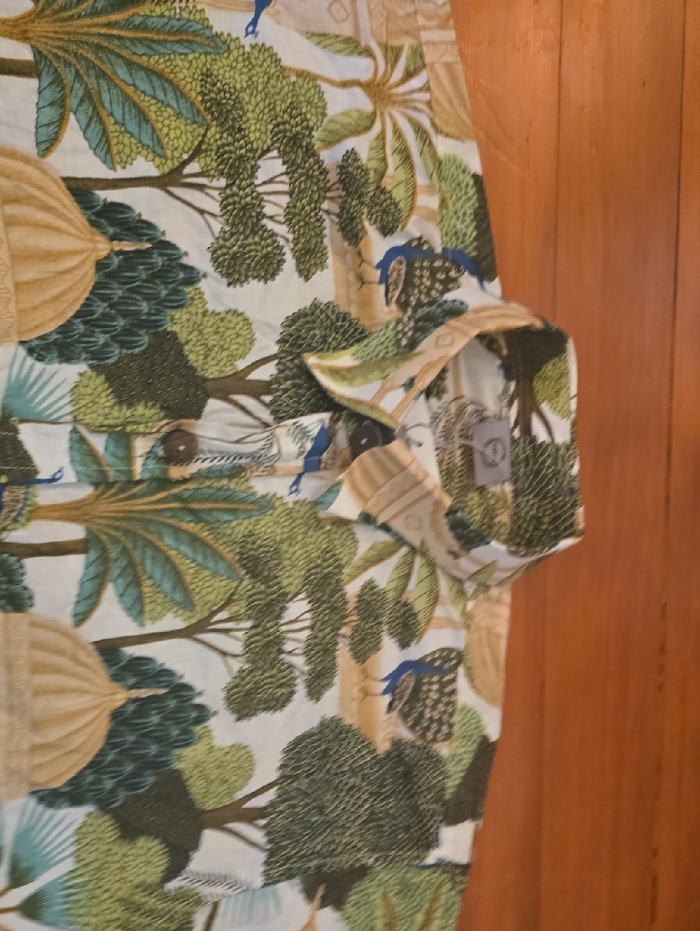 Sri Lankin Hand Made Tropical Tree Print Button-Up Shirt in Green & Blue